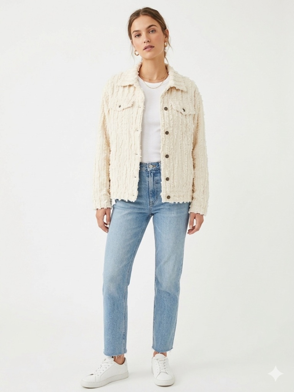 Pilcro Cream Textured Fluffy Trucker Jacket-medium